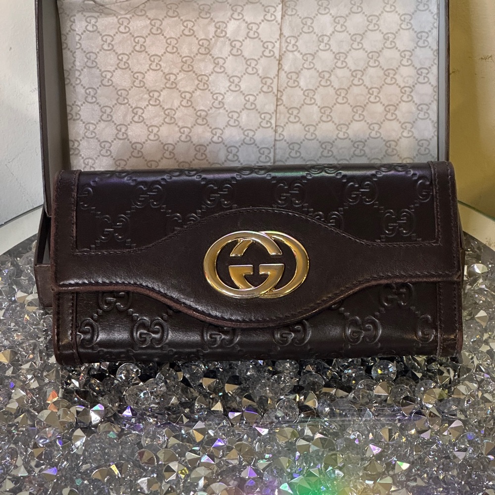 Gucci Guccissima Dark Chocolate Leather Continental Embossed GG long Wallet. - Picture 1 of 10